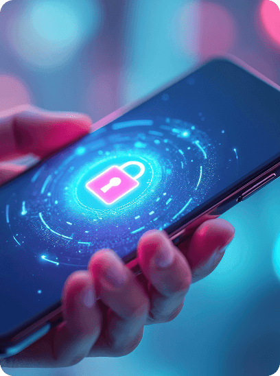 Hand hält Smartphone mit leuchtendem Schloss-Symbol als Sinnbild für mobile Datensicherheit
